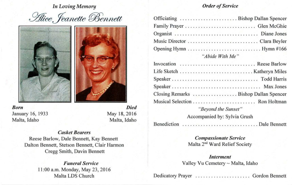 Alice Jeanette Bennett Funeral Program