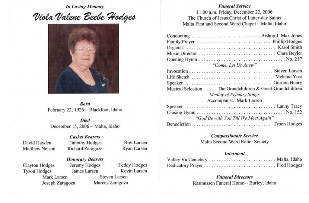Viola Valene Beebe Hodges Funeral Program