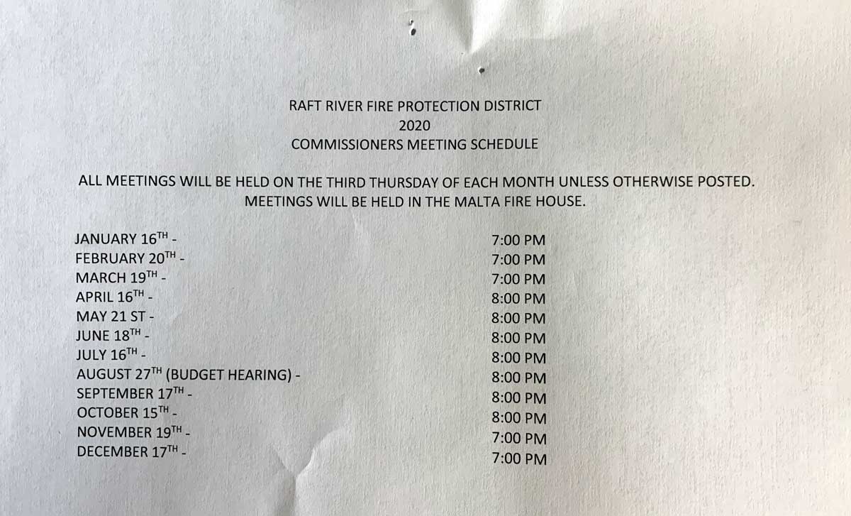 2020 Fire Protection District Meeting Schedule Malta Idaho