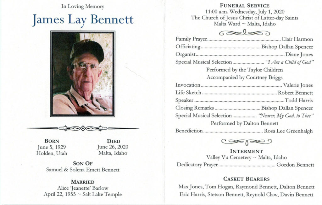 James Lay Bennett Funeral Program